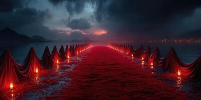 Lighting pathways in a crimson landscape during twilight at a serene lakeside photo