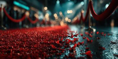 Red carpet event features scattered petals and elegant atmosphere in a lively urban setting photo