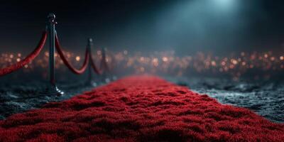 Red carpet leading to an elegant event with city lights in the background at night photo