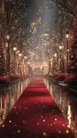 Festive winter pathway lined with glowing lights, decorated trees, and a vibrant red carpet during nightfall photo