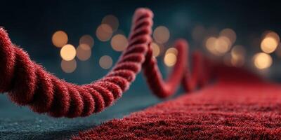Elegant red carpet with plush rope barrier leading to a glamorous event at night with twinkling lights photo