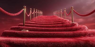 Luxurious red carpet staircase leading to a glamorous event venue with dramatic clouds in the background photo