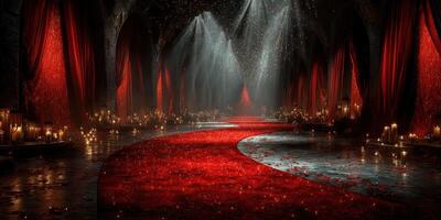 Elegant red carpet pathway leads to a beautifully illuminated focal point in an enchanting venue decorated with candles and drapes photo