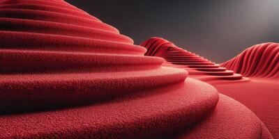 Unique red textured hills with smooth curves and layers in a minimalist landscape setting at dusk photo