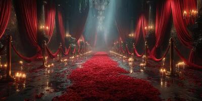 Luxurious hall adorned with red roses and candles creates a stunning ambiance for a magical event in a grand venue photo