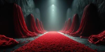 Atmosphere of mystery with red drapery and roses in a dimly lit corridor at night photo