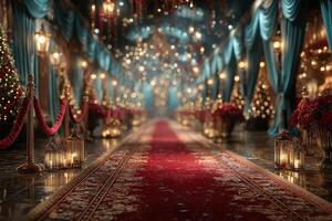 Elegant hallway decorated for a festive celebration during the holiday season with red carpets, lanterns, and sparkling lights photo