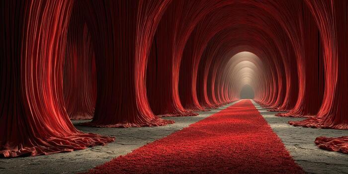 Vibrant red carpet leading through textured red columns in an enchanting corridor setting photo