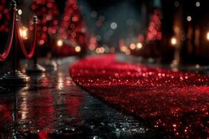 Elegant red carpet event pathway adorned with glowing lights during a festive evening gathering photo