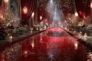 Elegant wedding reception with red carpet, twinkling lights, and floral decorations in a grand venue photo