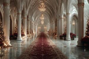 Luxurious holiday hallway adorned with festive decorations and elegant chandeliers in a grand palace setting photo