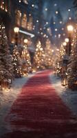 Magical winter path lined with glowing lanterns and festive trees during a holiday evening celebration photo