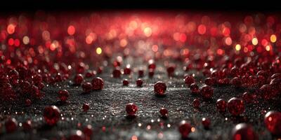 Bright red droplets reflect light on a dark surface creating a stunning abstract visual effect photo