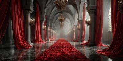 Elegant hallway adorned with red drapes and chandeliers, illuminated in soft light photo