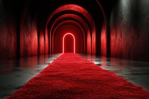 Mysterious red-lit hallway with a glowing doorway and a vibrant red carpet leading to unknown photo