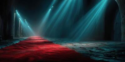 Illuminated red carpet leading to a mysterious destination in a dimly lit underground corridor with beams of light photo