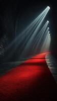 Mysterious dimly lit corridor with a red carpet leading to a light source photo
