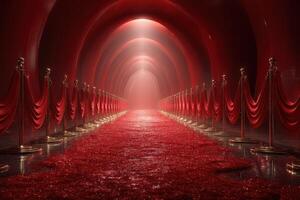 Elegant red corridor with velvet ropes leading to a glowing light at the end during an evening event photo