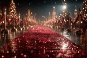 Luxurious red carpet lined with golden ropes and festive trees at a glamorous outdoor event during nighttime photo