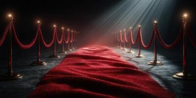 Illuminated red carpet leading to a spotlight in a dimly lit venue during a glamorous event photo