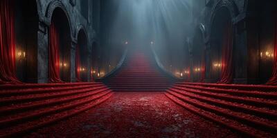 Grand staircase adorned with red curtains and rose petals in a dimly lit, atmospheric setting photo