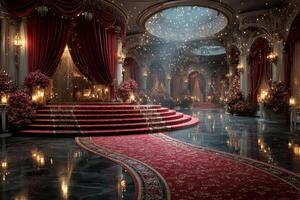 Elegant ballroom with grand staircase and soft lighting during a winter celebration in a luxurious venue photo