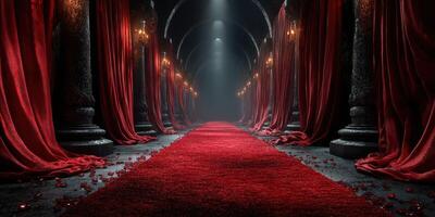 Elegant red carpet hallway with dramatic draping and soft lighting creating a luxurious atmosphere for an event photo