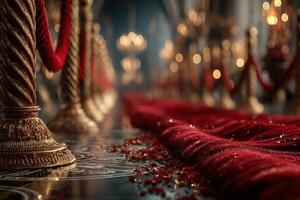 Elegant red carpet leading to ornate chandeliers in luxurious ballroom setting during evening gala photo