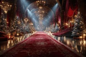 Elegant winter wonderland interior with decorated Christmas trees and glowing lights creates a festive atmosphere photo