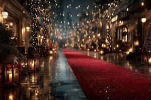 Elegant evening celebration along a red carpet lined with lanterns and festive lights in a vibrant urban setting photo