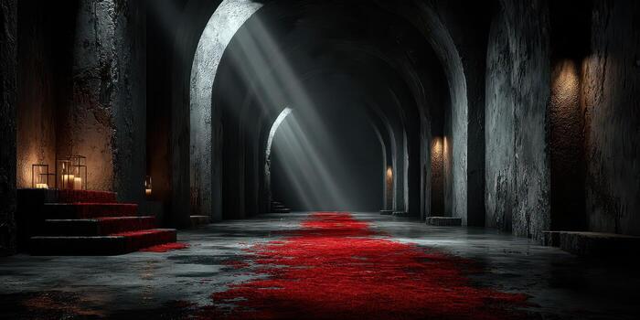 Dark underground corridor illuminated by beams of light with a crimson carpet on the floor photo