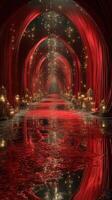 Elegant red tunnel filled with sparkling lights and decorative lanterns creates a magical ambiance during the evening photo