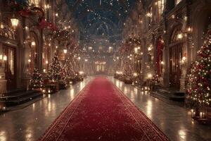 Grand festive hall adorned with sparkling lights and holiday decorations during a snowy evening photo