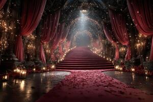 Enchanted entrance adorned with red carpet and soft lighting in a grand hall setting during a festive event photo