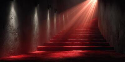 Light filters down a staircase illuminated by soft red carpet and ambient lighting in a moody setting photo