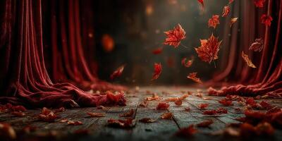 Autumn leaves swirl elegantly in a dimly lit theater space with red curtains and rustic wooden floor photo