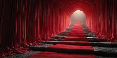 Stunning red fabric drapes create an enchanting pathway leading to a luminous chamber in an artistic space photo