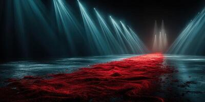 Illuminated red fabric creates a striking contrast on a dark stage during a dramatic performance at twilight photo