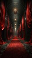 Elegant corridor adorned with red drapes and ornate chandeliers in an opulent setting during evening hours photo