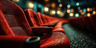 Red theater seats arranged in a row in a dimly lit cinema during a movie screening photo
