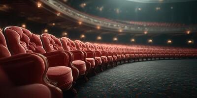 Rows of red velvet seats in an ornate theater await audience members for an evening performance photo
