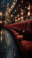 Elegant red velvet chairs in a grand theater adorned for the holiday season with lights and a Christmas tree photo