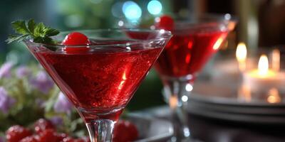 Elegant red cocktails served in martini glasses at a candlelit dinner setting with floral accents and soft lighting photo