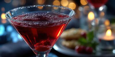 Red cocktail garnished with sugar rim and fresh fruit served during an evening gathering for friends photo