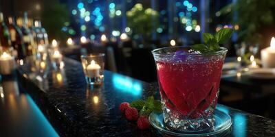 Colourful cocktail served at a bar during evening hours with dim lighting and decorative elements photo