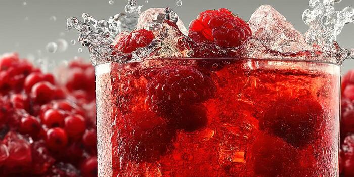 Refreshing raspberry drink served in a glass filled with ice and splashes of sparkling water beside ripe raspberries photo