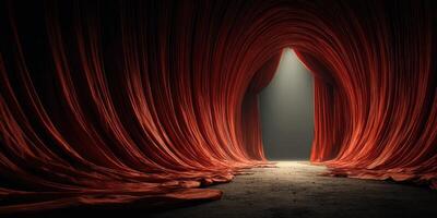 Dramatic red curtains create a mysterious entrance in a dimly lit theater environment photo
