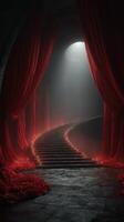 Mysterious red curtains frame a narrow staircase leading to an illuminated exit in a shadowy, atmospheric space photo