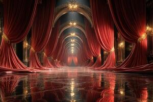 Grand theater interior with red curtains and ornate chandeliers in a historic building photo