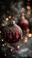 Christmas ornament hanging on a tree with blurred lights in the background photo